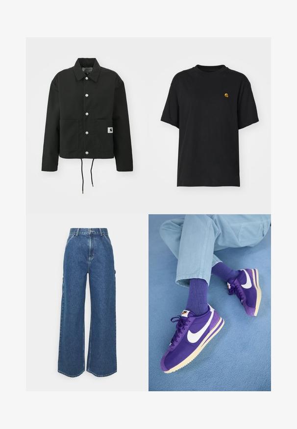 Black cropped jacket made of durable fabric. Features a classic collar, silver snap buttons, two front pockets, and adjustable drawstring hem.; Black cotton t-shirt with a relaxed fit. Features a round neck and short sleeves. Includes a small gold embroidered logo on the chest.; Wide-leg blue denim trousers with a high waist, contrasting stitching, and side pockets, featuring a classic five-pocket design and raw hems.; Nike Sportswear CORTEZ - Trainers - field purple/summit white/alabaster