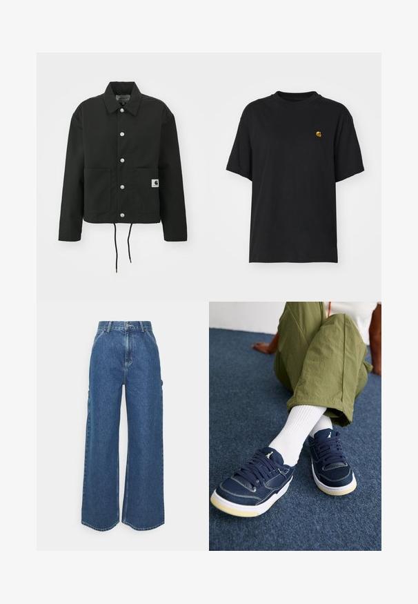 Crna skraćena jakna od izdržljivog materijala. Ima klasični ovratnik, srebrne dugmadi s kopčama, dva prednja džepa i podesivu vezicu na rubu.; Crna pamučna majica s opuštenim krojem. Ima okrugli izrez i kratke rukave. Sadrži mali zlatni izvezeni logo na prsima.; Široke plave traperice s visokim strukom, kontrastnim šavovima i bočnim džepovima, s klasičnim dizajnom s pet džepova i sirovim rubovima.; Osoba u zelenim hlačama, bijelim čarapama do gležnja i tamnoplavim tenisicama s bijelim potplatima sjedi na tamnoplavom tepihu.