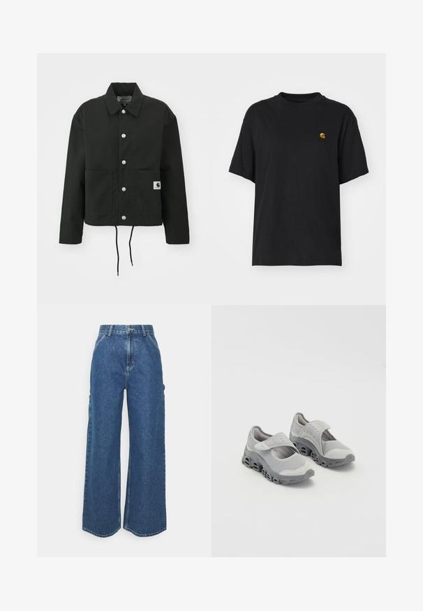 Svart kort jacka i slitstarkt tyg. Har en klassisk krage, silverfärgade tryckknappar, två framfickor och justerbar dragsko i fållen.; Svart bomullströja med en avslappnad passform. Har rund hals och korta ärmar. Inkluderar en liten guld broderad logotyp på bröstet.; Breda ljusblå denimbyxor med hög midja, kontrasterande sömmar och sidofickor, som har en klassisk femficksdesign och råa kanter.; Grå lätta skor med detaljer i mesh och en dämpad mellansula. Har en krok-och-loop rem och rund tå med genomskärande sula.