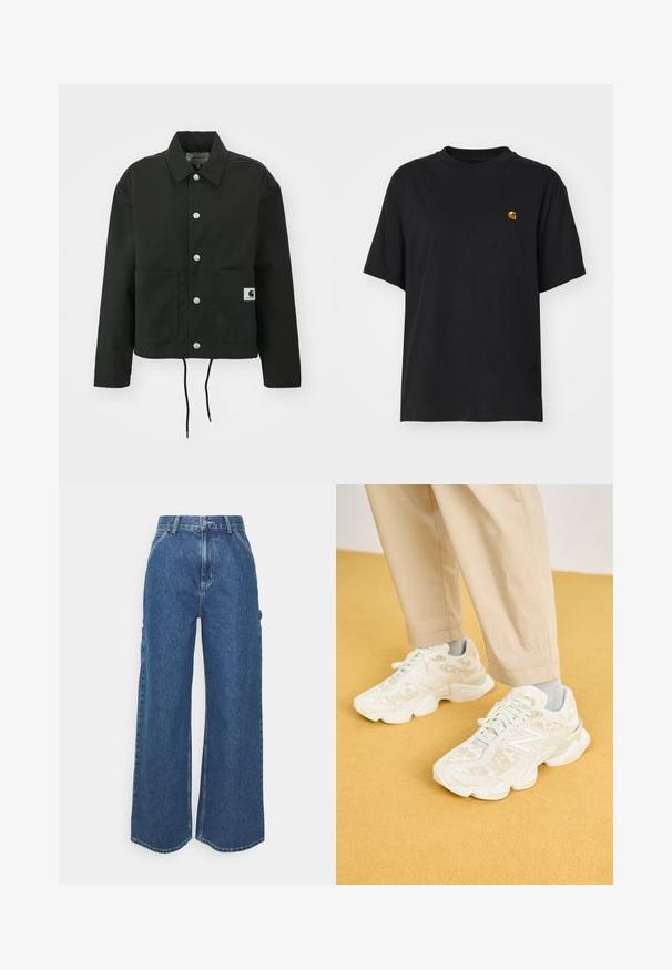 Svart, kort jakke laget av slitesterkt stoff. Har en klassisk krage, sølvfargede trykknapper, to framlommer og justerbar snor i nederkant.; Svart bomulls t-skjorte med løs passform. Har rund hals og korte ermer. Inkluderer en liten gullbrodert logo på brystet.; Videbeinete blå denimbukser med høy midje, kontraststing, og sidelommer, med et klassisk fem-lommers design og rå kanter.; Hvite atletiske sneakers med en teksturert overdel som har subtile mønstre, rund form, og polstret såle, kombinert med beige bukser.
