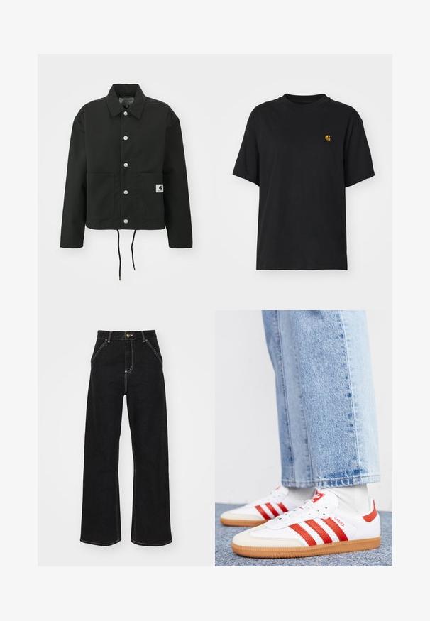 Fekete, vágott fazonú dzseki tartós anyagból. Klasszikus gallérral, ezüst színű patentgombokkal, két elülső zsebbel és állítható, húzózsinóros hemmel rendelkezik.; Fekete pamut póló laza szabással. Kerek nyakkal és rövid ujjakkal rendelkezik. A mellkason egy kis arany hímzett logó található.; Fekete, széles szárú farmernadrág, kontrasztos fehér varrással és elülső gombos záródással, két ferde elülső zsebbel.; Fehér bőr sportcipő piros csíkokkal és kiegészítőkkel. Texturált gumitalppal és párnázott nyakkal rendelkezik. Világoskék farmernadrággal viselik.