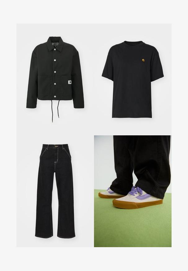 Melnā apgrieztā jakā, kas izgatavota no izturīga auduma. Tam ir klasiskā apkakle, sudraba kniedes, divas priekšējās kabatas un regulējams savelkamo apakšmalu.; Melnas kokvilnas T-krekls ar brīvu piegriezumu. Iezīmē apaļu kakla un īsām piedurknēm. Iekļauts neliels zelta izšūts logo krūšu daļā.; Melnas platajās biksēs, kas izgatavotas no denima, ar kontrastējošas baltas šuves un priekšējo pogu aizdari, kā arī divām slīpajām priekšējām kabatām.; Gaišs beiges kedas ar violetiem akcentiem, gumijas zole un plakaniem sasienami. Valkāti ar melniem biksēm, novietoti uz zaļas teksturētas virsmas.
