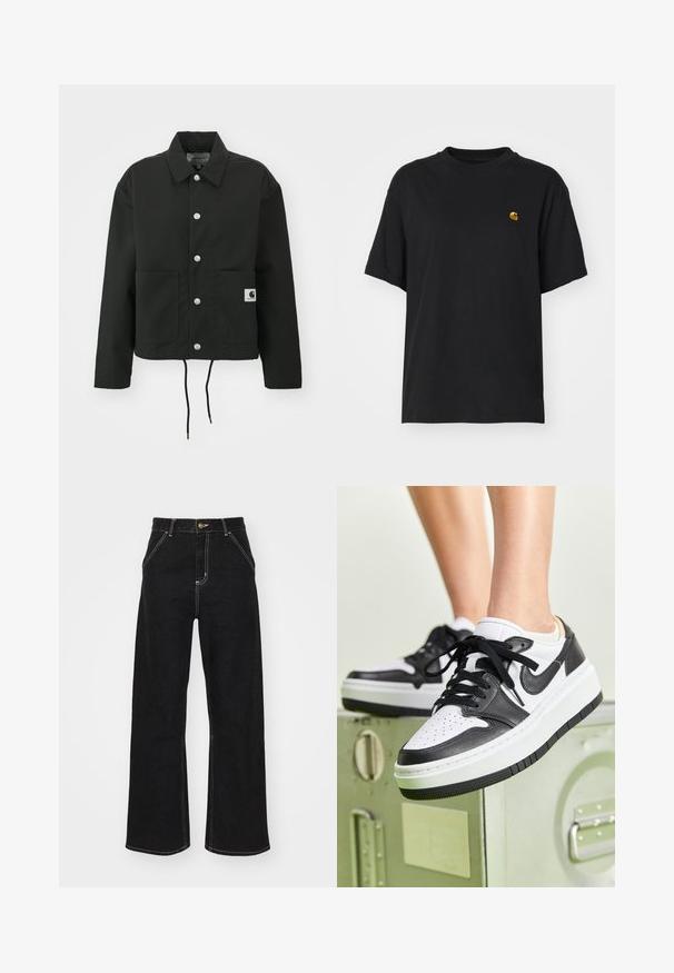 Fekete, vágott fazonú dzseki tartós anyagból. Klasszikus gallérral, ezüst színű patentgombokkal, két elülső zsebbel és állítható, húzózsinóros hemmel rendelkezik.; Fekete pamut póló laza szabással. Kerek nyakkal és rövid ujjakkal rendelkezik. A mellkason egy kis arany hímzett logó található.; Fekete, széles szárú farmernadrág, kontrasztos fehér varrással és elülső gombos záródással, két ferde elülső zsebbel.; Fekete-fehér bőr sportcipők perforált orrésszel, lapos fekete fűzőkkel és fehér középtalppal, amely texturált fekete gumitalpra van helyezve.