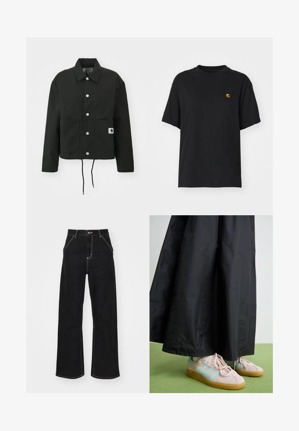 Crna skraćena jakna od izdržljivog materijala. Ima klasični ovratnik, srebrne dugmadi s kopčama, dva prednja džepa i podesivu vezicu na rubu.; Crna pamučna majica s opuštenim krojem. Ima okrugli izrez i kratke rukave. Sadrži mali zlatni izvezeni logo na prsima.; Crne široke traperice izrađene od denima, s kontrastnim bijelim šavovima i prednjim kopčanjem na dugme, s dva koso oblikovana prednja džepa.; Roze suede cipele s plavim prugama, uparene s dugom crnom suknjom od nabranog materijala. Pozadina prikazuje zelenu podlogu.