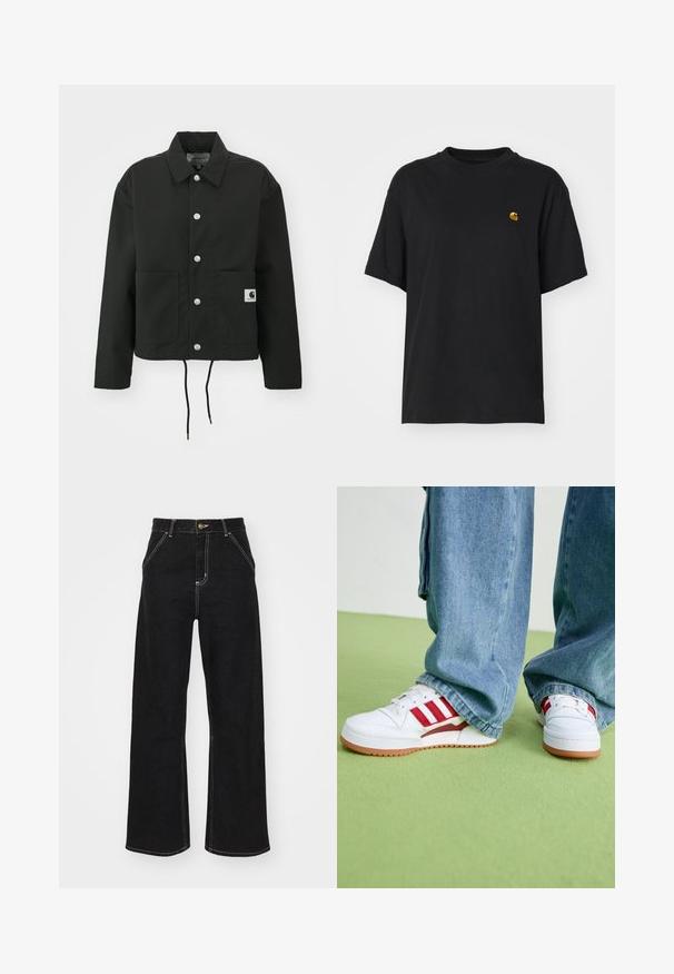 Fekete, vágott fazonú dzseki tartós anyagból. Klasszikus gallérral, ezüst színű patentgombokkal, két elülső zsebbel és állítható, húzózsinóros hemmel rendelkezik.; Fekete pamut póló laza szabással. Kerek nyakkal és rövid ujjakkal rendelkezik. A mellkason egy kis arany hímzett logó található.; Fekete, széles szárú farmernadrág, kontrasztos fehér varrással és elülső gombos záródással, két ferde elülső zsebbel.; Fehér sportcipők piros csíkokkal és díszítésekkel, strukturált gumitalppal és párnázott bokarésszel, laza kék farmernadrággal párosítva. Zöld háttér.