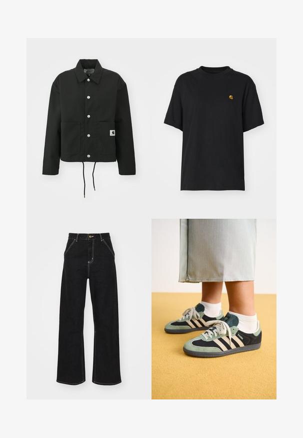 Crna skraćena jakna od izdržljivog materijala. Ima klasični ovratnik, srebrne dugmadi s kopčama, dva prednja džepa i podesivu vezicu na rubu.; Crna pamučna majica s opuštenim krojem. Ima okrugli izrez i kratke rukave. Sadrži mali zlatni izvezeni logo na prsima.; Crne široke traperice izrađene od denima, s kontrastnim bijelim šavovima i prednjim kopčanjem na dugme, s dva koso oblikovana prednja džepa.; Zelene i crne nubuk tenisice s kremastim prugama, s teksturiranim gornjim dijelom i šnalom, na žutoj pozadini.