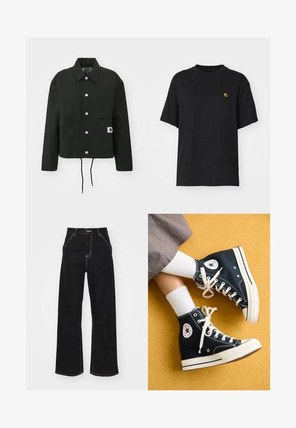 Zwarte cropped jas gemaakt van duurzaam materiaal. Heeft een klassieke kraag, zilveren drukknoopsluitingen, twee voorzakken en een verstelbare trekkoordzoom.; Zwarte katoenen t-shirt met een relaxte pasvorm. Heeft een ronde hals en korte mouwen. Bevat een klein goud geborduurd logo op de borst.; Zwarte wijde jeans van denim, met contrasterende witte stiksels en een sluiting met knoop aan de voorkant, voorzien van twee schuin geplaatste zakken aan de voorkant.; Zwarte canvas hoge sneakers met witte veters en rubberen zolen, met een ronde Converse All Star-logo aan de buitenzijde.
