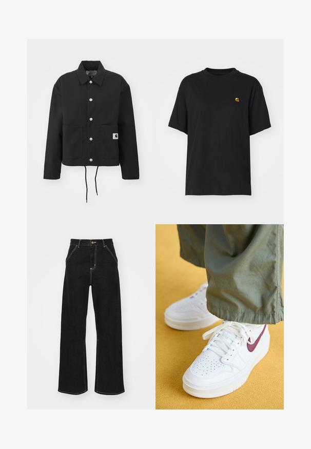 Must must ümber lõikega must jakk, mis on valmistatud vastupidavast kangast. Omab klassikalist kraed, hõbedasi tõmblukke, kahte esist taskut ja reguleeritavat nööriga hemmi.; Must must särk lõdva lõikega. Omab ümmargust kaelust ja lühikesi varrukaid. Rinnal on väike kuldne tikandiga logo.; Mustmustest mustadest denimist, millel on kontrastsed valged õmblused ja esine nupp, kahe nurga all asuva esipocketiga.; Jordan AIR JORDAN 1 ELEVATE - Tossud - white/bordeaux/white onyx