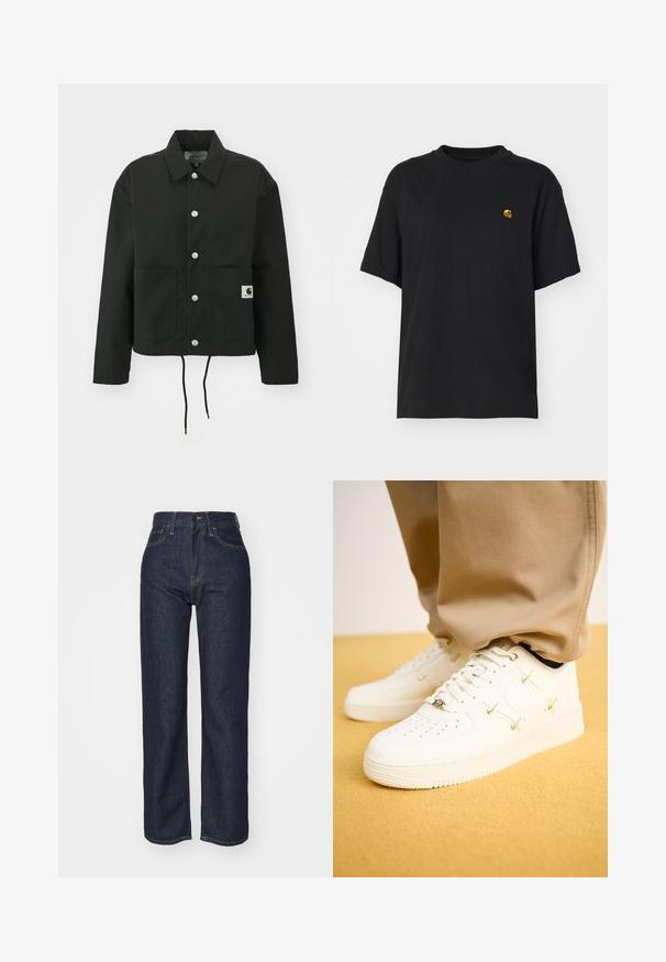 Fekete, vágott fazonú dzseki tartós anyagból. Klasszikus gallérral, ezüst színű patentgombokkal, két elülső zsebbel és állítható, húzózsinóros hemmel rendelkezik.; Fekete pamut póló laza szabással. Kerek nyakkal és rövid ujjakkal rendelkezik. A mellkason egy kis arany hímzett logó található.; Sötétkék farmer, magas derekú, egyenes lábú fazonnal, látható varrásokkal, öt zsebével és elől gombos záródással.; Fehér bőr sportcipő perforált orral, arany kiegészítőkkel és lapos fűzőkkel, bézs nadrággal párosítva egy texturált sárga felszínen.