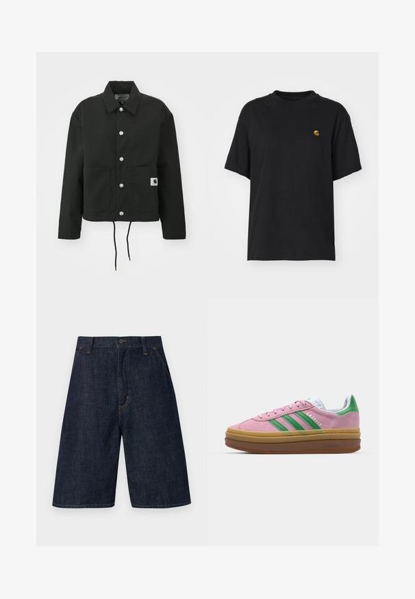 Černá zkrácená bunda vyrobená z odolné tkaniny. Obsahuje klasický límec, stříbrné cvoky, dvě přední kapsy a nastavitelné stahování v dolní části.; Černé bavlněné tričko s uvolněným střihem. Má kulatý výstřih a krátké rukávy. Obsahuje malé zlaté vyšívané logo na hrudi.; Tmavě modré denimové šortky se slušným střihem, s knoflíkovým zavíráním, pěti kapsami a viditelným žlutým prošitím podél švů.; Růžové semišové tenisky se zelenými pruhy, bílými akcenty a hnědou gumovou podrážkou. Mají strukturovanou tkaninu a detail s logem na boku.