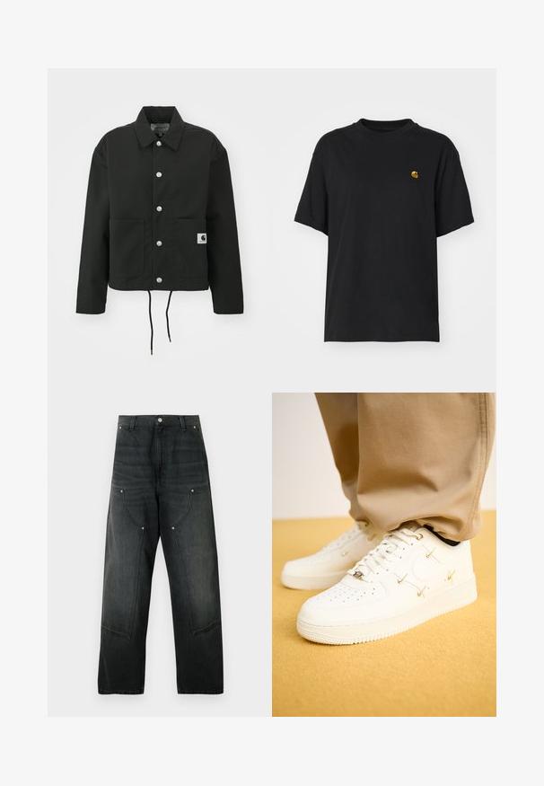Črna kratka jakna iz trpežnega materiala. Ima klasičen ovratnik, srebrne pritiskače, dve sprednji žepi in nastavljiv rob z vrvico.; Črna bombažna majica s sproščenim krojem. Ima okroglo ovratnik in kratke rokave. Vključuje majhen zlat vezen logotip na prsih.; Črne široke kavbojke iz jeansa z visokim pasom, zapenjanjem na gumbe, zankami za pas, velikimi sprednjimi žepki z zakovicami.; Bela usnjena športna obutev s perforiranim prstom, zlatimi poudarki in ravnimi vezalkami, v kombinaciji s bež hlačami na teksturirani rumeni površini.