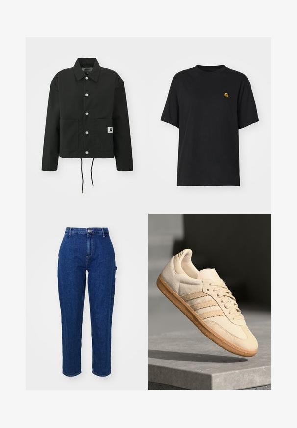 Jachetă neagră scurtă, fabricată dintr-un material durabil. Prezintă un guler clasic, nasturi cu clipsuri argintii, două buzunare frontale și un tiv ajustabil cu șnur.; Tricou din bumbac negru, cu o croială lejeră. Are guler rotund și mâneci scurte. Include un mic logo brodat auriu pe piept.; Jeans din denim albastru închis, cu talie înaltă, croială dreaptă, închidere cu buton în față și buzunare laterale. Textură netedă, cu o ușoară elasticitate.; Sneaker din suède bej deschis, cu talpă din cauciuc, trei dungi diagonale și o capacă texturată pentru degete. Prezintă logo pe limbă și pe lateral.