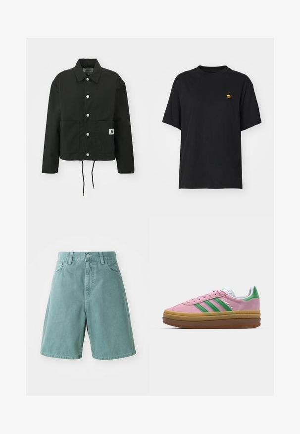 Veste noire coupée en tissu durable. Comprend un col classique, des boutons-pression argentés, deux poches avant et un ourlet avec cordon de serrage réglable.; T-shirt en coton noir à coupe décontractée. Présente un col rond et des manches courtes. Comprend un petit logo doré brodé sur la poitrine.; Shorts en denim coton vert avec une taille haute, dotés de cinq poches et d'une fermeture à bouton, conçus avec une coupe décontractée et une texture lisse.; Baskets en daim rose avec des rayures vertes, des accents blancs et une semelle en caoutchouc brun. Comportent un tissu texturé et un détail de logo sur le côté.