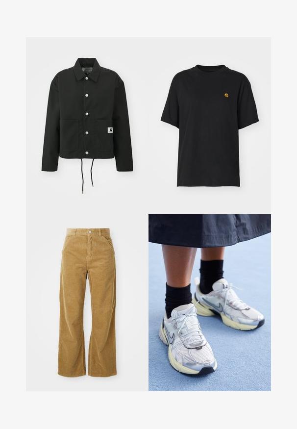 Veste noire coupée en tissu durable. Comprend un col classique, des boutons-pression argentés, deux poches avant et un ourlet avec cordon de serrage réglable.; T-shirt en coton noir à coupe décontractée. Présente un col rond et des manches courtes. Comprend un petit logo doré brodé sur la poitrine.; Pantalons large en velours côtelé marron clair, présentant un motif côtelé texturé, cinq poches et un bouton de fermeture à la taille.; Baskets Nike blanches et argentées avec tissu en maille, accents réfléchissants et semelle beige. Portées avec des chaussettes noires, se tenant sur une surface bleue.