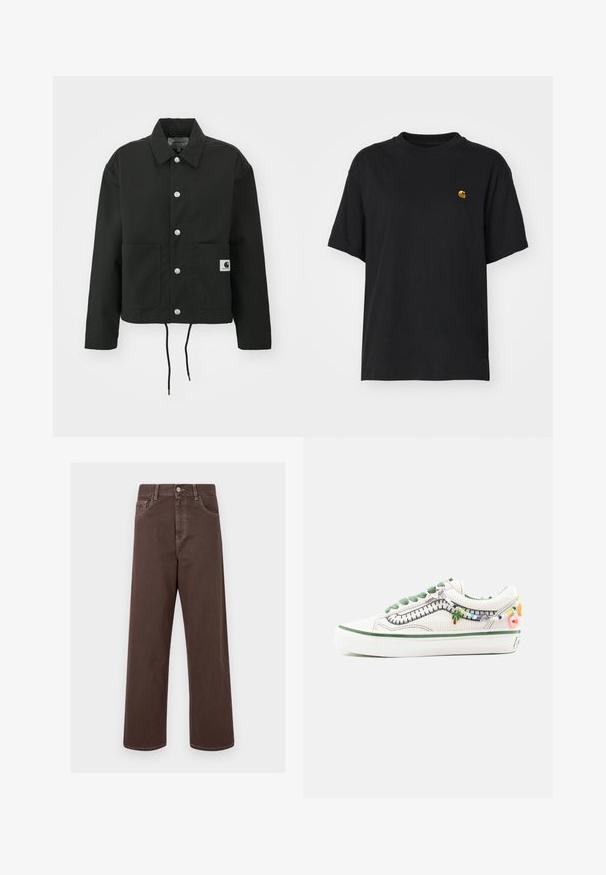 Czarna krótka kurtka wykonana z trwałego materiału. Posiada klasyczny kołnierz, srebrne napy, dwie kieszenie z przodu oraz regulowany dół ze sznurkiem.; Czarna bawełniana koszulka z luźnym krojem. Posiada okrągły dekolt oraz krótkie rękawy. Zawiera małe złote haftowane logo na piersi.; Brązowe spodnie dżinsowe typu wide-leg z kontrastowym przeszyciem, pięcioma kieszeniami i metalowym zapięciem. Gładka struktura, prosty krój.; Białe tenisówki z płótna z zielonymi akcentami i ozdobnymi zawieszkami, posiadające teksturowaną powierzchnię, zaokrąglony nos i grubą białą podeszwę.