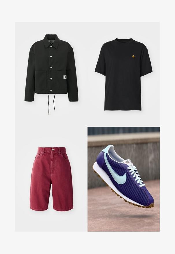 Črna kratka jakna iz trpežnega materiala. Ima klasičen ovratnik, srebrne pritiskače, dve sprednji žepi in nastavljiv rob z vrvico.; Črna bombažna majica s sproščenim krojem. Ima okroglo ovratnik in kratke rokave. Vključuje majhen zlat vezen logotip na prsih.; Burgundski denim kratke hlače z visokim pasom. Vključujejo dve sprednji žepni, en gumb na zapiranju in ravne hlačnice.; Vijolična Nike športna obutev z svetlo modrim znakom, belimi vezalkami in gumijastim podplatom, prikazana nad betonsko površino na prostem.