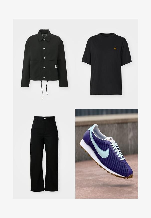 Black cropped jacket made of durable fabric. Features a classic collar, silver snap buttons, two front pockets, and adjustable drawstring hem.; Black cotton t-shirt with a relaxed fit. Features a round neck and short sleeves. Includes a small gold embroidered logo on the chest.; Black high-waisted, straight-leg pants with front pockets, belt loops, and a silver button closure on a white background.; Purple Nike sneaker with light blue swoosh, white laces, and gum sole, shown hovering above a concrete surface outdoors.