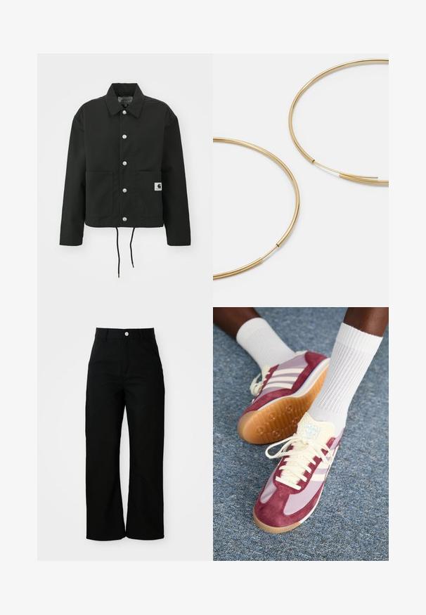 Giacca nera cropped realizzata in tessuto resistente. Presenta un colletto classico, bottoni automatici argentati, due tasche frontali e orlo regolabile con coulisse.; T-shirt in cotone nero con una vestibilità rilassata. Presenta un collo rotondo e maniche corte. Include un piccolo logo ricamato in oro sul petto.; Pantaloni neri a vita alta, a gamba dritta, con tasche frontali, passanti per cintura e chiusura con bottone argentato su sfondo bianco.; Sneakers con un design in scamosciato bordeaux e lilla chiaro, con tre strisce bianche, lacci color crema e una linguetta gialla texture. Suola in gomma.; Orecchini a cerchio color oro, sottili e rotondi, con una finitura metallica liscia e senza decorazioni o motivi.