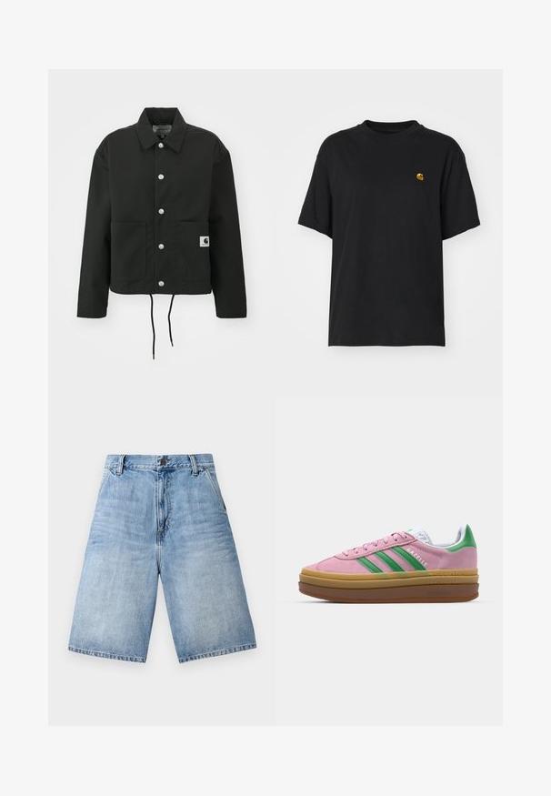 Veste noire coupée en tissu durable. Comprend un col classique, des boutons-pression argentés, deux poches avant et un ourlet avec cordon de serrage réglable.; T-shirt en coton noir à coupe décontractée. Présente un col rond et des manches courtes. Comprend un petit logo doré brodé sur la poitrine.; Shorts en denim bleu clair avec une coupe ample, un design à cinq poches et une fermeture à bouton à la taille. Détail effiloché au niveau des jambes.; Baskets en daim rose avec des rayures vertes, des accents blancs et une semelle en caoutchouc brun. Comportent un tissu texturé et un détail de logo sur le côté.