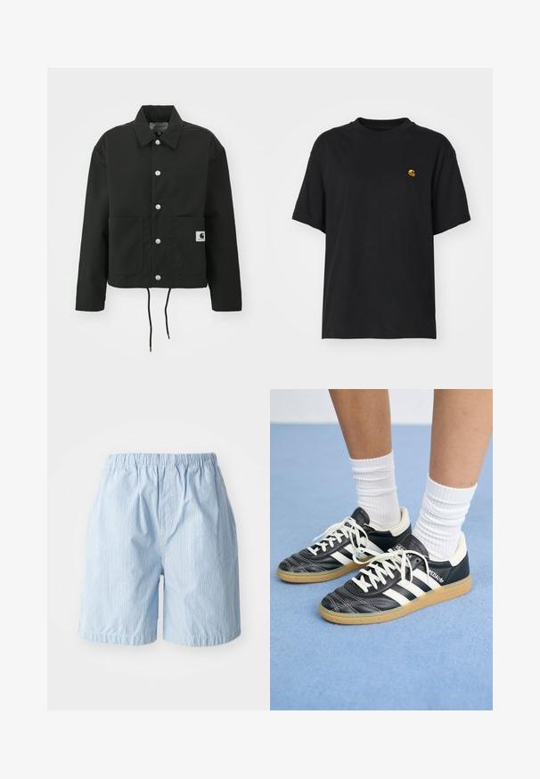 Veste noire coupée en tissu durable. Comprend un col classique, des boutons-pression argentés, deux poches avant et un ourlet avec cordon de serrage réglable.; T-shirt en coton noir à coupe décontractée. Présente un col rond et des manches courtes. Comprend un petit logo doré brodé sur la poitrine.; Shorts bleu clair en tissu avec des pinstripes verticaux. Taille élastique et ourlets retroussés, mettant en valeur un style simple et décontracté.; Sneakers en cuir noir avec des rayures blanches, bout rond, lacets blancs et semelle en caoutchouc beige. Accentué par un col rembourré et des détails de marque.