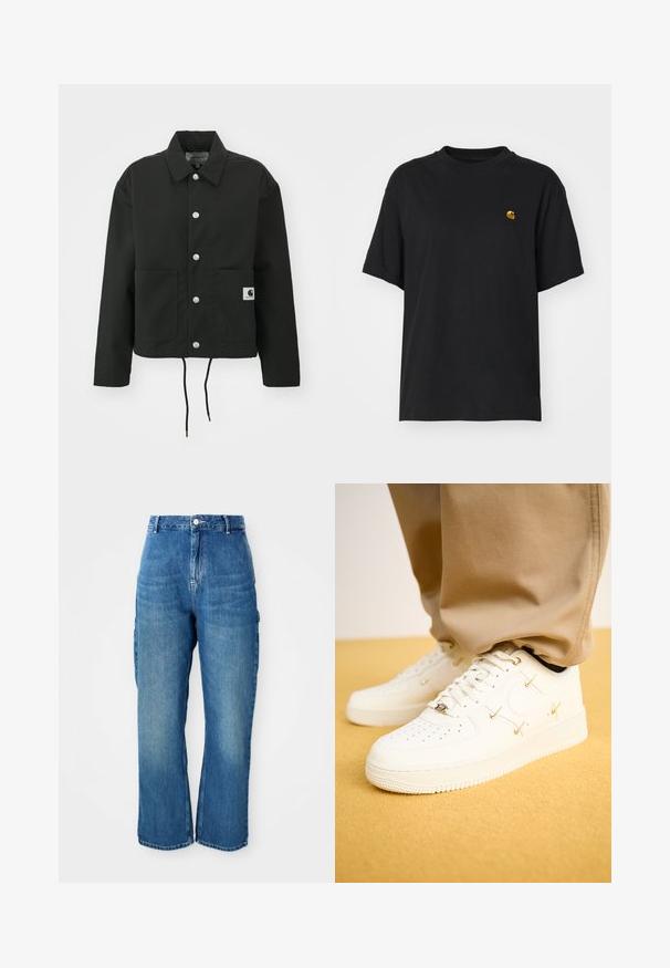 Svart kort jacka i slitstarkt tyg. Har en klassisk krage, silverfärgade tryckknappar, två framfickor och justerbar dragsko i fållen.; Svart bomullströja med en avslappnad passform. Har rund hals och korta ärmar. Inkluderar en liten guld broderad logotyp på bröstet.; Högmidjade jeans i rak modell i blå denim med framknäppning, dragkedja och sidofickor i cargo-stil mot en vit bakgrund.; Vita lädersneakers med perforerade tår, gyllene detaljer och plana snören, i kombination med beige byxor på en strukturerad gul yta.
