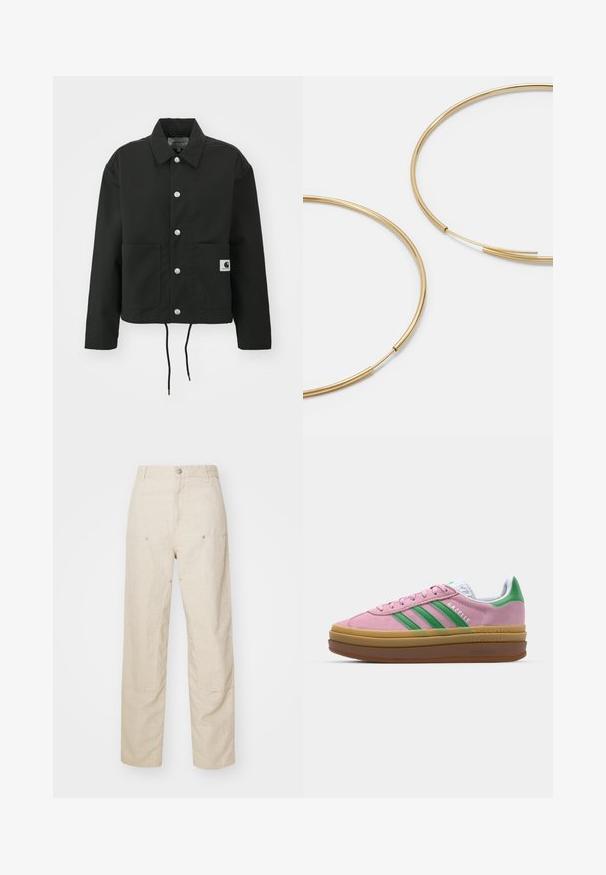 Czarna krótka kurtka wykonana z trwałego materiału. Posiada klasyczny kołnierz, srebrne napy, dwie kieszenie z przodu oraz regulowany dół ze sznurkiem.; Czarna bawełniana koszulka z luźnym krojem. Posiada okrągły dekolt oraz krótkie rękawy. Zawiera małe złote haftowane logo na piersi.; Beżowe lniane spodnie o luźnym kroju, z bocznymi kieszeniami i dekoracyjnymi przeszyciami, bezszwowym pasem i prostymi nogawkami.; Różowe zamszowe sneakersy z zielonymi paskami, białymi akcentami i brązową gumową podeszwą. Posiadają teksturowany materiał i detale logo po boku.; Złote kolczyki w kształcie cienkich okrągłych obręczy, o gładkim metalicznym wykończeniu, bez zdobień czy wzorów.
