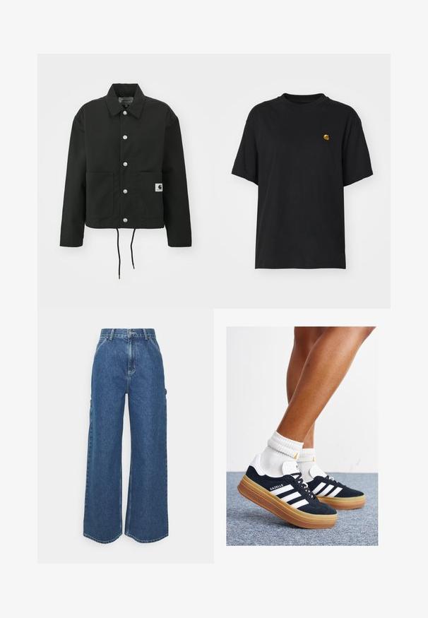 Melnā apgrieztā jakā, kas izgatavota no izturīga auduma. Tam ir klasiskā apkakle, sudraba kniedes, divas priekšējās kabatas un regulējams savelkamo apakšmalu.; Melnas kokvilnas T-krekls ar brīvu piegriezumu. Iezīmē apaļu kakla un īsām piedurknēm. Iekļauts neliels zelta izšūts logo krūšu daļā.; Platleņķa zili džinsi ar augstu jostasvietu, kontrastējošām šuvēm un sānu kabatām, ar klasisku piecu kabatu dizainu un neapstrādātiem malām.; Melnas zamšādas sporta kurpes ar baltām svītrām un akcentiem, apaļa purngala daļa, gumijas zole, kopā ar baltām ribotām sporta zeķēm.