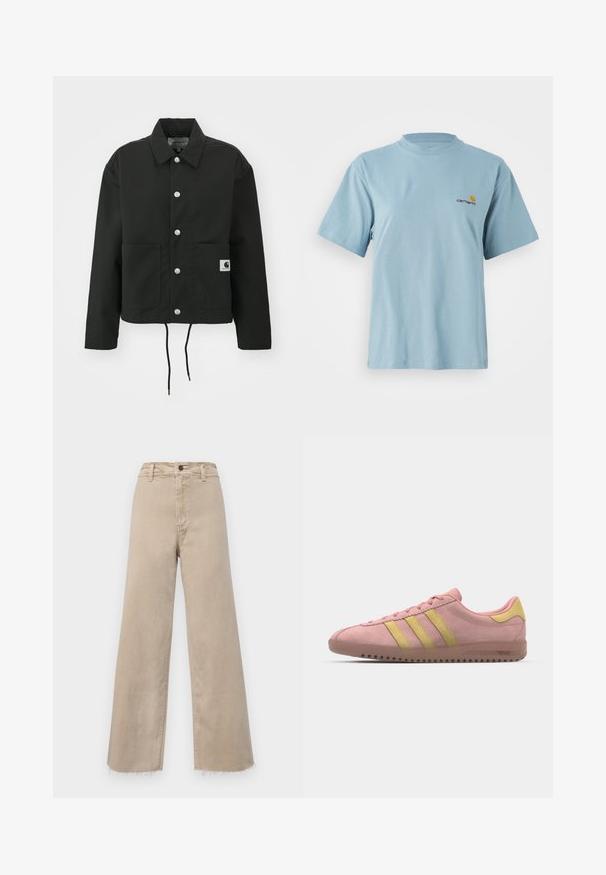 Melnā apgrieztā jakā, kas izgatavota no izturīga auduma. Tam ir klasiskā apkakle, sudraba kniedes, divas priekšējās kabatas un regulējams savelkamo apakšmalu.; Gaiši zils īsām piedurknēm kokvilnas T-krekls ar apaļu kaklu un mazu dzeltenu un sarkanu Carhartt logotipu uz kreisā krūtī.; Beige platleņķa džinsi, izgatavoti no denima, ar augstu jostasvietu, saplīsis apakšmalu un klasisko piecu kabatu dizainu. Piemēroti ikdienas valkāšanai.; Rozā zamša sporta apavi ar trim dzeltenām svītrām, noapaļota purngalu daļa un teksturēta gumijas zole. Zems profils ar mīkstinātu apkaklīti.