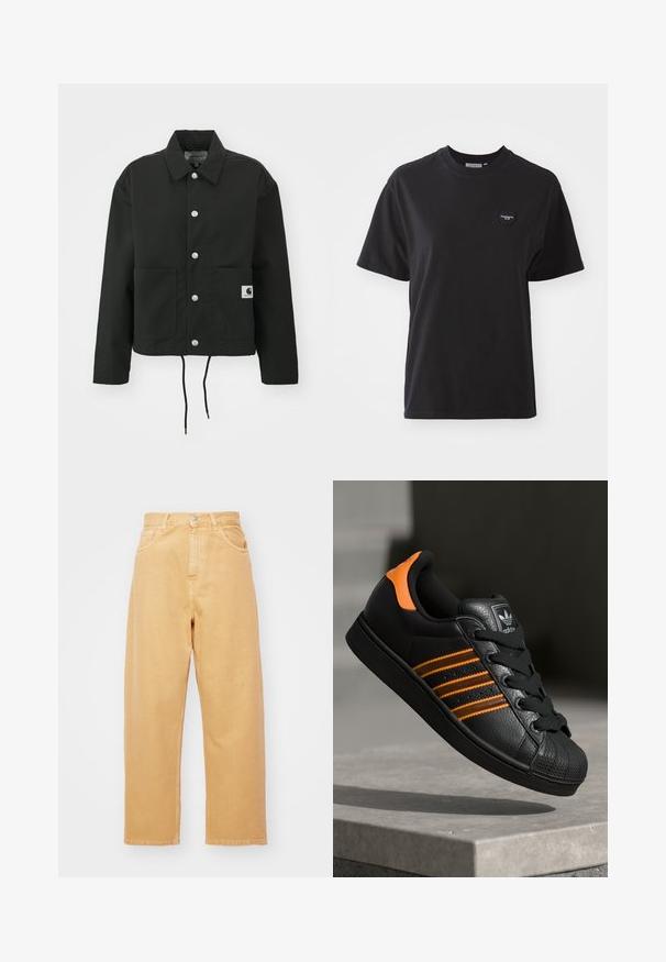 Schwarz gekürzte Jacke aus strapazierfähigem Stoff. Mit klassischem Kragen, silbernen Druckknöpfen, zwei Fronttaschen und verstellbarem Kordelzug am Saum.; Schwarzes Baumwoll-T-Shirt mit Rundhalsausschnitt, kurzen Ärmeln und einem kleinen herzförmigen Logo in der oberen linken Ecke. Glatte Textur, lockere Passform.; Carhartt WIP BRANDON PANT - Jeans Relaxed Fit - bourbon; Schwarze Sneaker mit orangen Akzenten, drei horizontalen Streifen, strukturiertem Lederobermaterial, Gummikappe und schwarzen Schnürsenkeln.