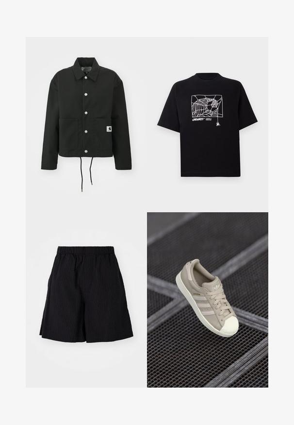 Svart kort jacka i slitstarkt tyg. Har en klassisk krage, silverfärgade tryckknappar, två framfickor och justerbar dragsko i fållen.; Svart t-shirt i bomull med korta ärmar. Har en vit spindelnätgrafik och logotyp på framsidan. Enkel rundad halsringning.; Svarta shorts i strukturerad tyg med ribbat mönster. Har resårmidja och avslappnad passform. Slutar strax ovanför knäet.; Beige Adidas Superstar sk sneaker med texturerad läderöverdel, tre sidostripes, rund tåhuvud och logotyp på tungan och hälen.