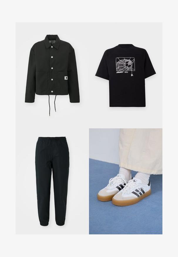 Schwarz gekürzte Jacke aus strapazierfähigem Stoff. Mit klassischem Kragen, silbernen Druckknöpfen, zwei Fronttaschen und verstellbarem Kordelzug am Saum.; Schwarzes T-Shirt aus Baumwolle mit kurzen Ärmeln. Mit einem weißen Spinnennetz-Graphic und Logo auf der Vorderseite. Einfacher runder Ausschnitt.; Schwarze, taillierte Hose aus einem glatten Stoff, mit einem elastischen Bund, Kordelzug und seitlichen Aufsetztaschen. Elastische Bündchen an den Knöcheln.; Weiße Sneaker mit schwarzen Streifen und beigen Wildlederakzenten. Besitzen eine strukturierte Gummisohle und flache weiße Schnürsenkel, getragen mit hellen Socken.