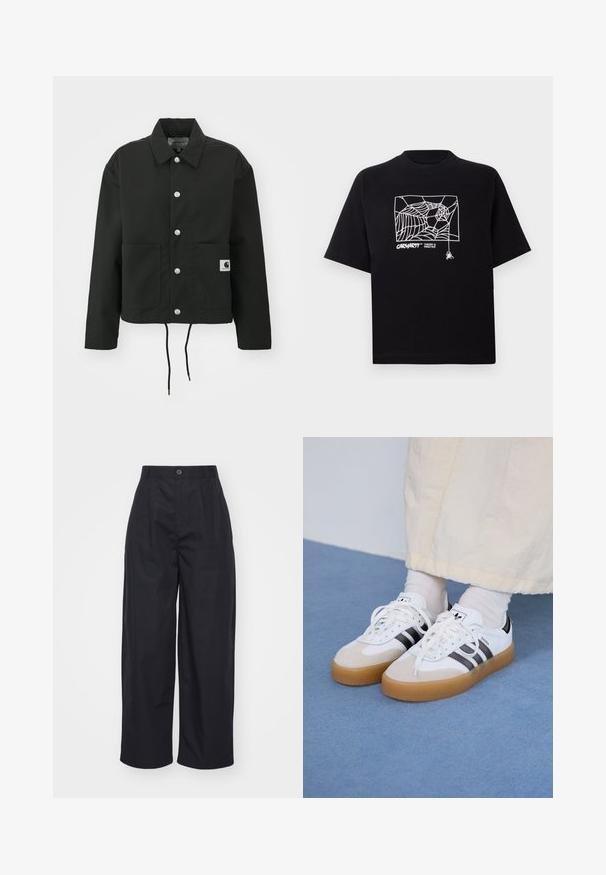 Juodas trumpas švarkas, pagamintas iš tvirto audinio. Savybės: klasikinė apykaklė, sidabriniai mygtukai, dvi priekinės kišenės ir reguliuojamas raištelis aptempimui.; Juodas medvilnės marškinėliai su trumpomis rankovėmis. Priekyje yra balta voratinklio grafika ir logotipas. Paprastas apvalus iškarpymas.; Juodi plačios kojos keliai, pagaminti iš medvilnės. Sukurti su aukštu liemeniu, užsegimu mygtuku ir lygiu paviršiumi. Nėra matomų raštų ar akcentų.; Baltos sportbačiai su noir juostomis ir šviesiai rudos zomšos akcentais. Yra tekstūruota gumos padas ir plokščiomis baltomis raištelėmis, dėvimi su šviesiai spalvotomis kojinėmis.