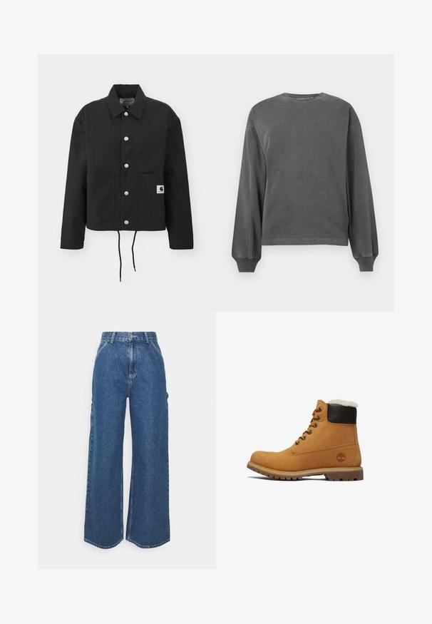 Casaco cropped preto feito de tecido durável. Apresenta um colarinho clássico, botões de pressão prateados, dois bolsos frontais e bainha ajustável com cordão.; Sweatshirt cinza de manga longa com gola redonda, feito de tecido suave. Apresenta punhos canelados e um corte descontraído. Design minimalista, sem padrões.; Calças de ganga azuis de perna larga com cintura alta, costuras em contraste e bolsos laterais, apresentando um design clássico de cinco bolsos e bainhas desfiadas.; Botim de tornozelo em couro castanho com um colarinho almofadado marrom, ilhós de metal e uma sola texturizada e durável. Apresenta um logotipo perto do calcanhar.