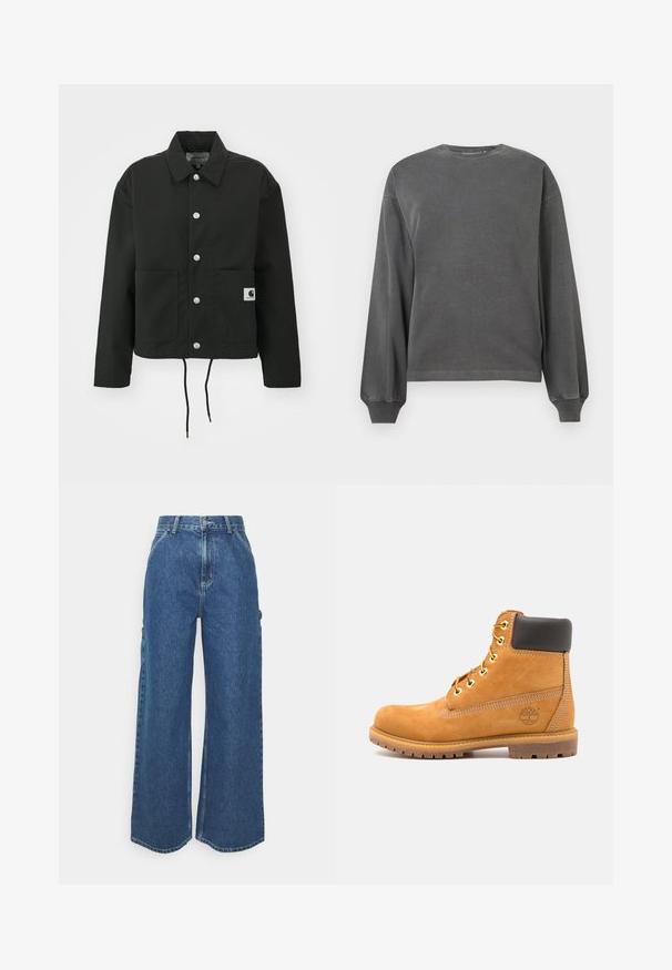 Črna kratka jakna iz trpežnega materiala. Ima klasičen ovratnik, srebrne pritiskače, dve sprednji žepi in nastavljiv rob z vrvico.; Siva dolgi sweatshirt z dolgimi rokavi in krožnim izrezom, izdelan iz mehkega materiala. Ima rebraste manšete in sproščen kroj. Minimalističen dizajn, brez vzorcev.; Široke modre denim hlače z visokim pasom, kontrastnim šivom in stranskimi žepi, ki vključujejo klasičen pet-džepni dizajn in robove brez obdelave.; Rjavi usnjeni gležnarji s črnim oblazinjenjem, zlatimi očesci in teksturiranim podplatom. Imajo okroglo logo na strani in šivane detajle.