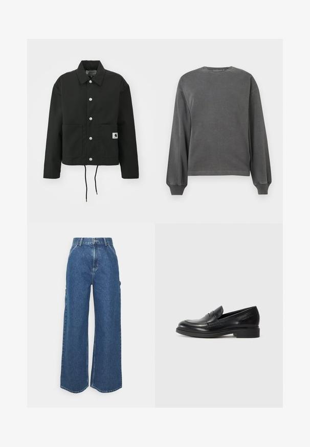 Svart, kort jakke laget av slitesterkt stoff. Har en klassisk krage, sølvfargede trykknapper, to framlommer og justerbar snor i nederkant.; Grå langermet genser med rund hals, laget av mykt stoff. Har ribbestrikkede mansjetter og en avslappet passform. Minimalistisk design, uten mønstre.; Videbeinete blå denimbukser med høy midje, kontraststing, og sidelommer, med et klassisk fem-lommers design og rå kanter.; Sorte skinnloafers med rund tå, sydd detaljer og lav blokkhelt. Glatt tekstur uten synlige mønstre eller detaljer.