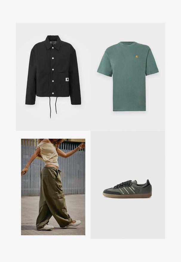 Čierna krátka bunda vyrobená z odolnej tkaniny. Obsahuje klasický golier, strieborné cvoky, dve predné vrecká a nastaviteľný šnúrkový lem.; Zelené bavlnené tričko s okrúhlym výstrihom a krátkymi rukávmi, s malým žltým logom na ľavej strane hrude. Mäkká textúra, ležérny dizajn.; Olivovo zelené cargo nohavice s veľkými vreckami, voľný strih a pás na sťahovanie; kombinované so svetlo béžovým pruhovaným topom a bielymi nazúvacími topánkami.; adidas Originals SAMBA OG - Tenisky - core black/legend earth/gum