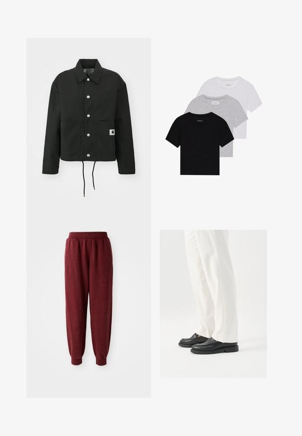 Fekete, vágott fazonú dzseki tartós anyagból. Klasszikus gallérral, ezüst színű patentgombokkal, két elülső zsebbel és állítható, húzózsinóros hemmel rendelkezik.; Három rövidujjú póló készlet fekete, szürke és fehér színben. Pamutból készült, kerek nyakú, egyszerű, egyszínű dizájnnal.; Burgundi színű melegítőnadrág, rugalmas derékkal és rugalmas mandzsettákkal. Simogató textúra és laza szabás. Nincs látható minta vagy hardver részlet.; Fekete bőr loaferek sima textúrával, varrásos részletezéssel és kerek orral, fehér, szabott nadrággal párosítva.