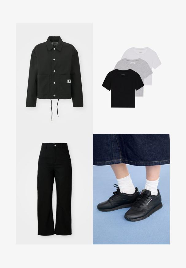 Zwarte cropped jas gemaakt van duurzaam materiaal. Heeft een klassieke kraag, zilveren drukknoopsluitingen, twee voorzakken en een verstelbare trekkoordzoom.; Set van drie korte mouwen t-shirts in zwart, grijs en wit. Gemaakt van katoen, met een ronde hals en een eenvoudig, effen kleurontwerp.; Zwarte high-waisted, rechte broek met een hoge taille, voorzakken, riemlussen en een zilveren knoopsluiting op een witte achtergrond.; Zwarte sportieve sneakers van leer, met vetersluiting aan de voorkant, gestructureerde zool en merklogo aan de zijkant, gedragen met witte sokken en een spijkerrok.