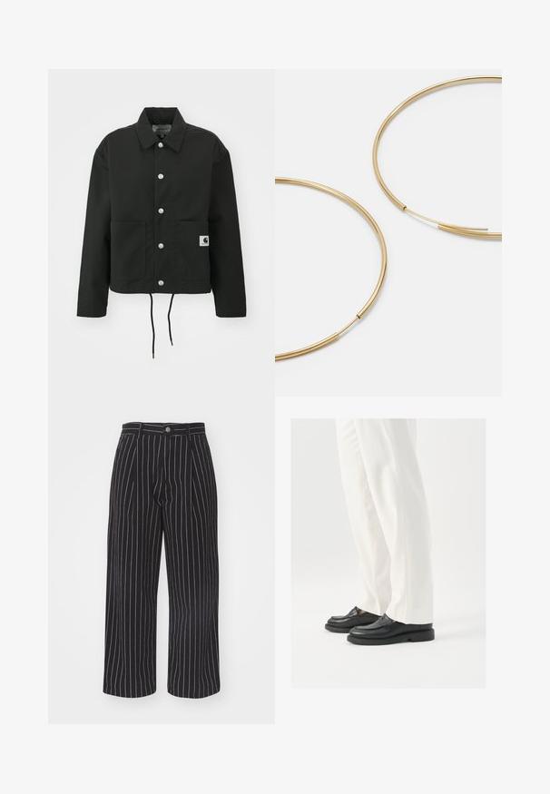 Must must ümber lõikega must jakk, mis on valmistatud vastupidavast kangast. Omab klassikalist kraed, hõbedasi tõmblukke, kahte esist taskut ja reguleeritavat nööriga hemmi.; Valge lühikeste varrukatega T-särk ümmarguse kaelusega, valmistatud pehmest puuvillast materjalist. Ees on diskreetne logo ning lõige on vabalt langev.; Mustra mustriiriga laiad püksid kõrge vöökohtaga, millel on esine nööbikinnitus ja peene tekstuuriga kangas.; Mustad musta nahast loafers, millel on sile tekstuur, õmblustäiendused ja ümar nina, koos valgete kohandatud pükstega.; Kulla värvi nõelad, õhukesed ja ümmargused, millel on sile metallist pind ja ilma kaunistuste või mustriteta.