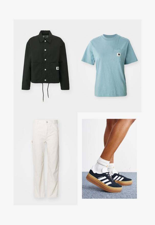 Must must ümber lõikega must jakk, mis on valmistatud vastupidavast kangast. Omab klassikalist kraed, hõbedasi tõmblukke, kahte esist taskut ja reguleeritavat nööriga hemmi.; Heledsinine lühikeste käistega puuvillane T-särk rinnahoidjaga, millel on väike must-valge Carhartti logo plaat.; Valged puuvillased cargo püksid sirge säärega disainiga, küljetaskudega ja nööbiga vöökohtadel. Sile tekstuur.; Mustad seemisnahast tossud valgete triipude ja detailidega, ümarate varbassosadega, kummist välistallaga, paaritatud valgete soonikuliste meessokkidega.