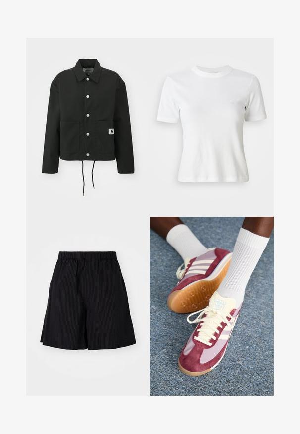 Sort cropped jakke lavet af slidstærkt stof. Har en klassisk krave, sølvfarvede trykknapper, to frontlommer og justerbar snoretræk i nederste kant.; Hvid ribbet kortærmet T-shirt med rund halsudskæring og et lille logo på brystet. Lavet af blødt stof med en tætsiddende pasform.; Sorte shorts lavet af tekstureret stof med et ribbet mønster. Har en elastisk talje og en afslappet pasform. Slutter lige over knæet.; Sneakers med en maroon ruskind og lyse lilla design, med tre hvide striber, cremefarvede snørebånd og en struktureret gul tunge. Gummisål.