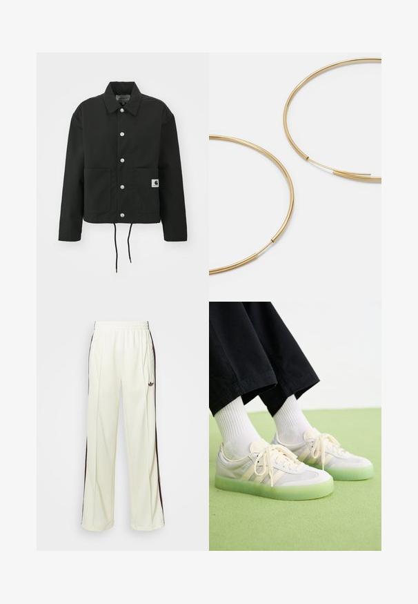 Must must ümber lõikega must jakk, mis on valmistatud vastupidavast kangast. Omab klassikalist kraed, hõbedasi tõmblukke, kahte esist taskut ja reguleeritavat nööriga hemmi.; Valge puuvillasest t-särgist lühikeste varrukatega ja ümarate kaelustega. Rinnal on must Adidas'i logo ning kontrastne must sisekaelus.; Kreemivärvi lõdvalt istuvad dressipüksid, mis on varustatud tumeda pruuniga külgtriipudega ja vasakul reiel tikitud logoga.; Heledad kingad, mille ülemine osa on valmistatud nahast ja võrkses materjalist, millel on kolm külgriibi, lame kinnituskumm ja poolläbipaistev roheline kummist tald.; Kulla värvi nõelad, õhukesed ja ümmargused, millel on sile metallist pind ja ilma kaunistuste või mustriteta.