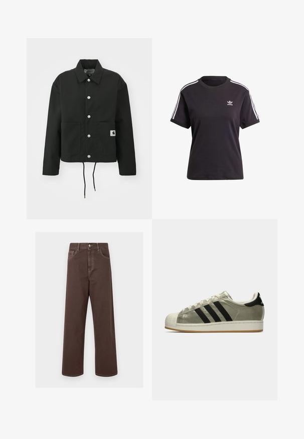 Juodas trumpas švarkas, pagamintas iš tvirto audinio. Savybės: klasikinė apykaklė, sidabriniai mygtukai, dvi priekinės kišenės ir reguliuojamas raištelis aptempimui.; Juodas medvilninis trumpa rankovėmis marškinėliai su apvalia iškirpte, su baltais dryžiais ant pečių ir maža balta Adidas logo ant krūtinės.; Rudos plačios kojų džinsai su kontrastingomis siūlėmis, penkiais kišenėmis ir metaliniu mygtuko uždarymu. Lygus paviršius, tiesus kirpimas.; Adidas sportbačiai su metaliniu alyvuogių spalvos viršumi, trimis juodomis juostelėmis, guminėmis pirštų apsaugomis ir guminiu padu. Klasikinis dizainas su tekstūruota medžiaga.
