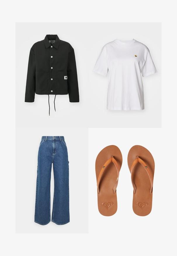 Svart, kort jakke laget av slitesterkt stoff. Har en klassisk krage, sølvfargede trykknapper, to framlommer og justerbar snor i nederkant.; Hvit bomulls t-skjorte med avslappet passform, korte ermer og en liten brodert logo på venstre brystområde.; Videbeinete blå denimbukser med høy midje, kontraststing, og sidelommer, med et klassisk fem-lommers design og rå kanter.; Brune syntetiske flip-flops med oransje stropper, teksturert overflate og preget hjerte-logo detalj på sålen.