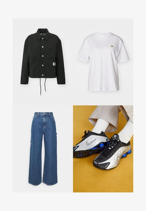 Casaco cropped preto feito de tecido durável. Apresenta um colarinho clássico, botões de pressão prateados, dois bolsos frontais e bainha ajustável com cordão.; T-shirt branca de algodão com um corte descontraído, mangas curtas e um pequeno logótipo bordado na área do peito esquerdo.; Calças de ganga azuis de perna larga com cintura alta, costuras em contraste e bolsos laterais, apresentando um design clássico de cinco bolsos e bainhas desfiadas.; Tênis atléticos pretos e prateados com colunas azuis que absorvem o choque, superfície texturizada e atacadores. Meias brancas à espreita de calças largas de cor clara.