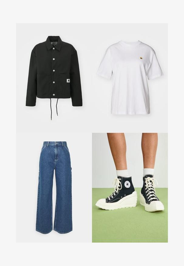Melnā apgrieztā jakā, kas izgatavota no izturīga auduma. Tam ir klasiskā apkakle, sudraba kniedes, divas priekšējās kabatas un regulējams savelkamo apakšmalu.; Balta kokvilnas T-kreklā ar brīvu piegriezumu, īsām piedurknēm un mazu izšūtu logotipu kreisajā krūtīs.; Platleņķa zili džinsi ar augstu jostasvietu, kontrastējošām šuvēm un sānu kabatām, ar klasisku piecu kabatu dizainu un neapstrādātiem malām.; Melnas augstās kedas ar paaugstinātu baltu platformas zoli, kas izceļas ar baltām šņorēm un apaļu logotipa plāksteri sānos. Tekstūrēts kanvas materiāls.