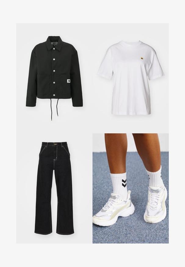 Veste noire coupée en tissu durable. Comprend un col classique, des boutons-pression argentés, deux poches avant et un ourlet avec cordon de serrage réglable.; T-shirt en coton blanc avec une coupe décontractée, des manches courtes et un petit logo brodé sur la poitrine gauche.; Jean large noir en denim, avec des coutures blanches contrastantes et une fermeture à bouton à l'avant, ainsi que deux poches avant en biais.; Baskets blanches avec des accents argentés, en matériau en maille et au design volumineux. Associées à des chaussettes blanches avec des motifs en chevron noirs.