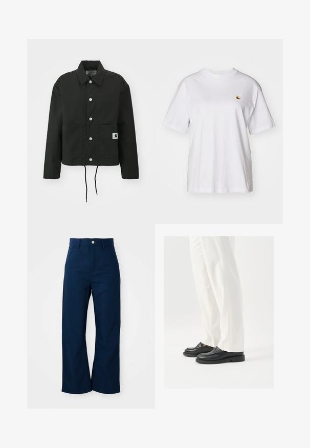 Melnā apgrieztā jakā, kas izgatavota no izturīga auduma. Tam ir klasiskā apkakle, sudraba kniedes, divas priekšējās kabatas un regulējams savelkamo apakšmalu.; Balta kokvilnas T-kreklā ar brīvu piegriezumu, īsām piedurknēm un mazu izšūtu logotipu kreisajā krūtīs.; Tumši zili platās kājas bikses, izgatavotas no izturīga auduma, ar priekšējo pogu aizdari un četrām kabatām ar gludu tekstūru.; Melni ādas loafers ar gludu tekstūru, šuvju detaļām un apaļu pirkstu daļu, apvienoti ar baltām pielāgotām biksēm.