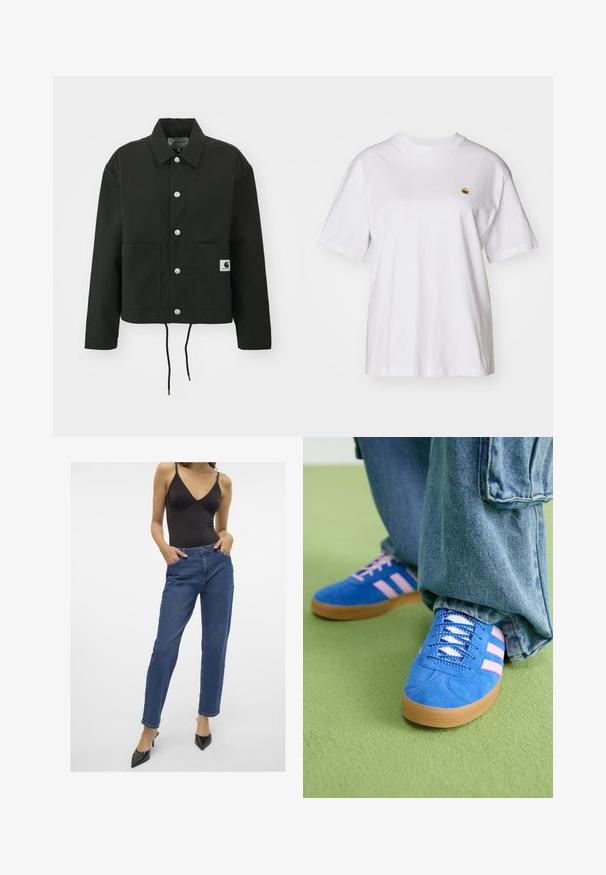 Crna skraćena jakna od izdržljivog materijala. Ima klasični ovratnik, srebrne dugmadi s kopčama, dva prednja džepa i podesivu vezicu na rubu.; Bijela pamučna majica s opuštenim krojem, kratkim rukavima i malim izvezenim logom na lijevoj strani prsnog dela.; Tamno plave traperice s visokim strukom i ravnim nogavicama, prednjim džepovima i kopčanjem na dugme, uparene s crnim bodijem bez rukava.; Plave zamšne cipele s ružičastim prugama i bijelim vezicama, s gumenim potplatom, u kombinaciji s širokim trapericama na zelenoj podlozi.