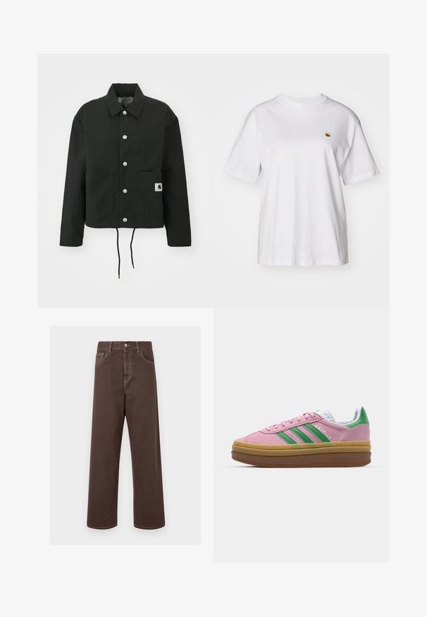 Zwarte cropped jas gemaakt van duurzaam materiaal. Heeft een klassieke kraag, zilveren drukknoopsluitingen, twee voorzakken en een verstelbare trekkoordzoom.; Witte katoenen t-shirt met een relaxte pasvorm, korte mouwen en een klein geborduurd logo op de linkerborst.; Bruine wijde denim broek met contrasterende stiknaden, vijf zakken en een metalen knoopsluiting. Soepele textuur, rechte snit.; Roze suede sneakers met groene strepen, witte accenten en een bruine rubberen zool. Heeft een gestructureerde stof en logodetails aan de zijkant.